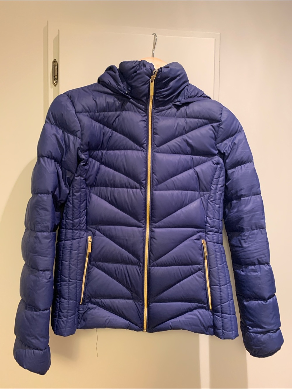 Michael Kors: Women's Navy Quilted Puffer Jacket with Gold Zippers